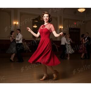 Red Party Dress Size Juniors Medium Dotted Swiss Yoke Fit & Flare Zip Back